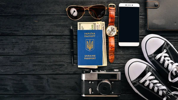Travel Camera Sneakers Dollars Passport Citizen Ukraine Phone Watches Top — Stock Photo, Image