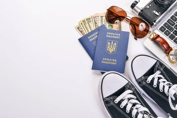 Travel Camera Sneakers Dollars Passport Citizen Ukraine Phone Watches Top — Stock Photo, Image