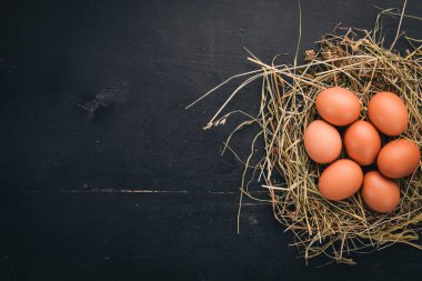 Tavuk çiğ kahverengi yumurta. Ahşap bir arka plan üzerinde. Üstten Görünüm. Kopya alanı.