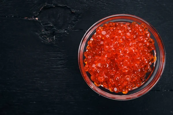 Caviar Salmão Vermelho Fundo Madeira Vista Superior Espaço Livre Para — Fotografia de Stock