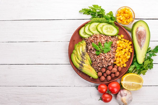 Healthy Food Buckwheat Avocado Cucumber Corn Hazelnut Wooden Background Top — Stock Photo, Image