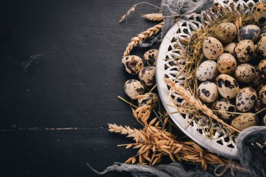 Bıldırcın yumurtası metal bir plaka. Ahşap bir arka plan üzerinde. Üstten Görünüm. Kopya alanı.