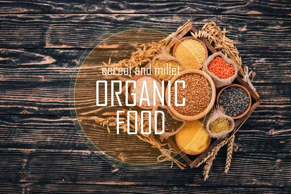 Cereal Millet Organic Food Buckwheat Lentils Rice Millet Barley Corn — Stock Photo, Image