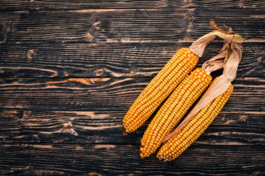 Kurutulmuş mısır ahşap arka plan üzerinde. Üstten Görünüm. Kopya alanı.