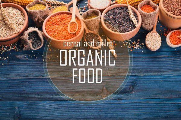 Cereal and millet. Organic food. Buckwheat, lentils, rice, millet, barley, corn, black rice. Top view. — Stock Image Cereal Millet Organic Food Buckwheat Lentils Rice Millet Barley Corn Stock Photo