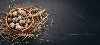 Bıldırcın yumurtası ahşap bir kase. Ahşap bir arka plan üzerinde. Üstten Görünüm. Kopya alanı.