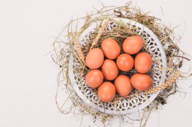 Metal bir plaka üzerinde tavuk çiğ yumurta. Ahşap bir arka plan üzerinde. Üstten Görünüm. Kopya alanı.