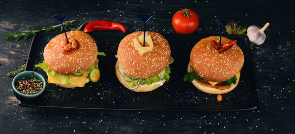 Définir Les Hamburgers Avec Poisson Viande Des Légumes Vue Dessus — Photo