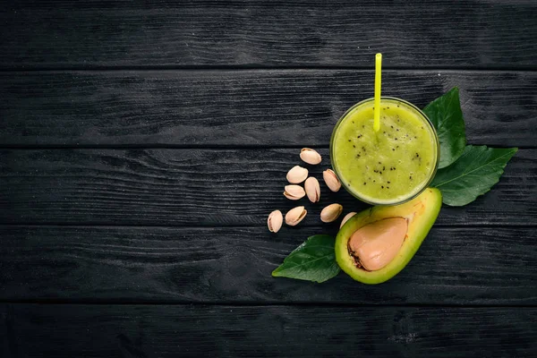 Avocado Smoothie Flax Seeds Nuts Wooden Background Free Space Text — Stock Photo, Image