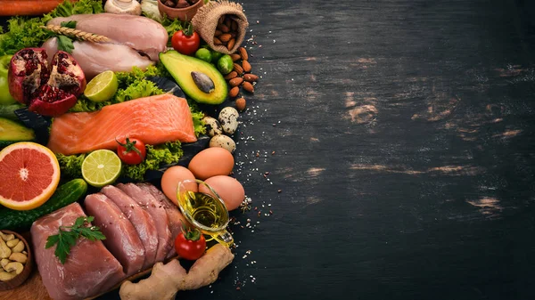 Egészséges Élelmiszer Háttér Egészséges Étel Csirke Filé Nyers Hús Hal — Stock Fotó