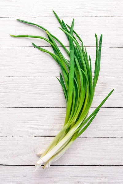 Fresh Green Onion Wooden Background Top View Free Space Your — Stock Photo, Image