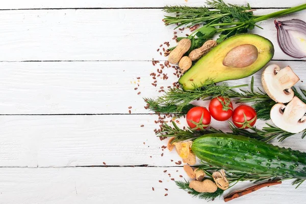 Set Fresh Vegetables Fruits Wooden Background Top View Copy Space — Stock Photo, Image