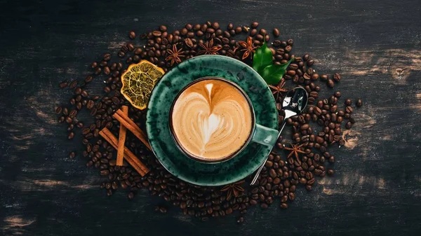 Fragrant Cup Coffee Cappuccino Black Wooden Background Top View Copy — Stock Photo, Image