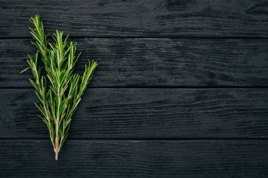 Rosemary. Siyah ahşap arka plan üzerinde. Üstten Görünüm. Kopya alanı.