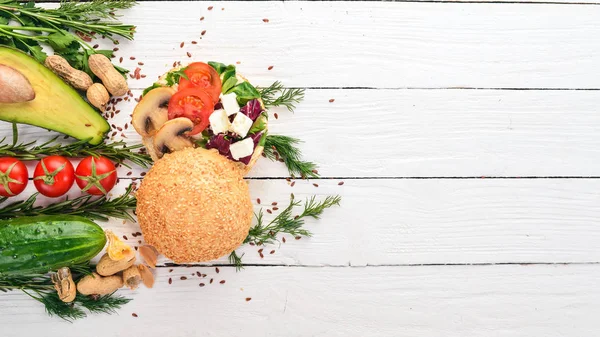 Burger Sandwich Feta Cheese Mushrooms Lettuce Leaves Wooden Background Top — Stock Photo, Image