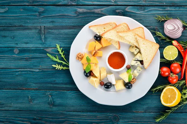 Set Cheeses Plate Wooden Background Top View Copy Space — Stock Photo, Image