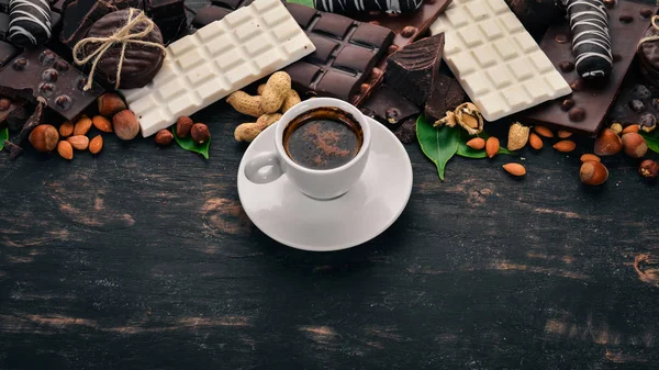 Cup Coffee Set Chocolate Cookies Sweets Black Wooden Background Top — Stock Photo, Image