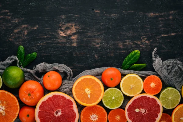 Set Citrus Fruit Orange Tangerine Grapefruit Lemon Wooden Background Top — Stock Photo, Image