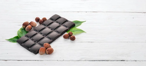 Dark Chocolate Hazelnut Nuts Cacao Wooden Background Top View Copy — Stock Photo, Image