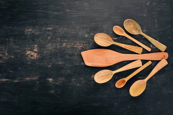 Kitchen Wooden Tools Top View Wooden Background Copy Space — Stock Photo, Image