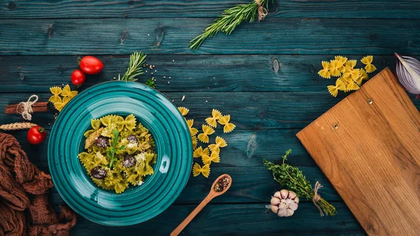 Pâtes Pesto Sur Fond Bois Cuisine Italienne Vue Dessus Espace — Photo