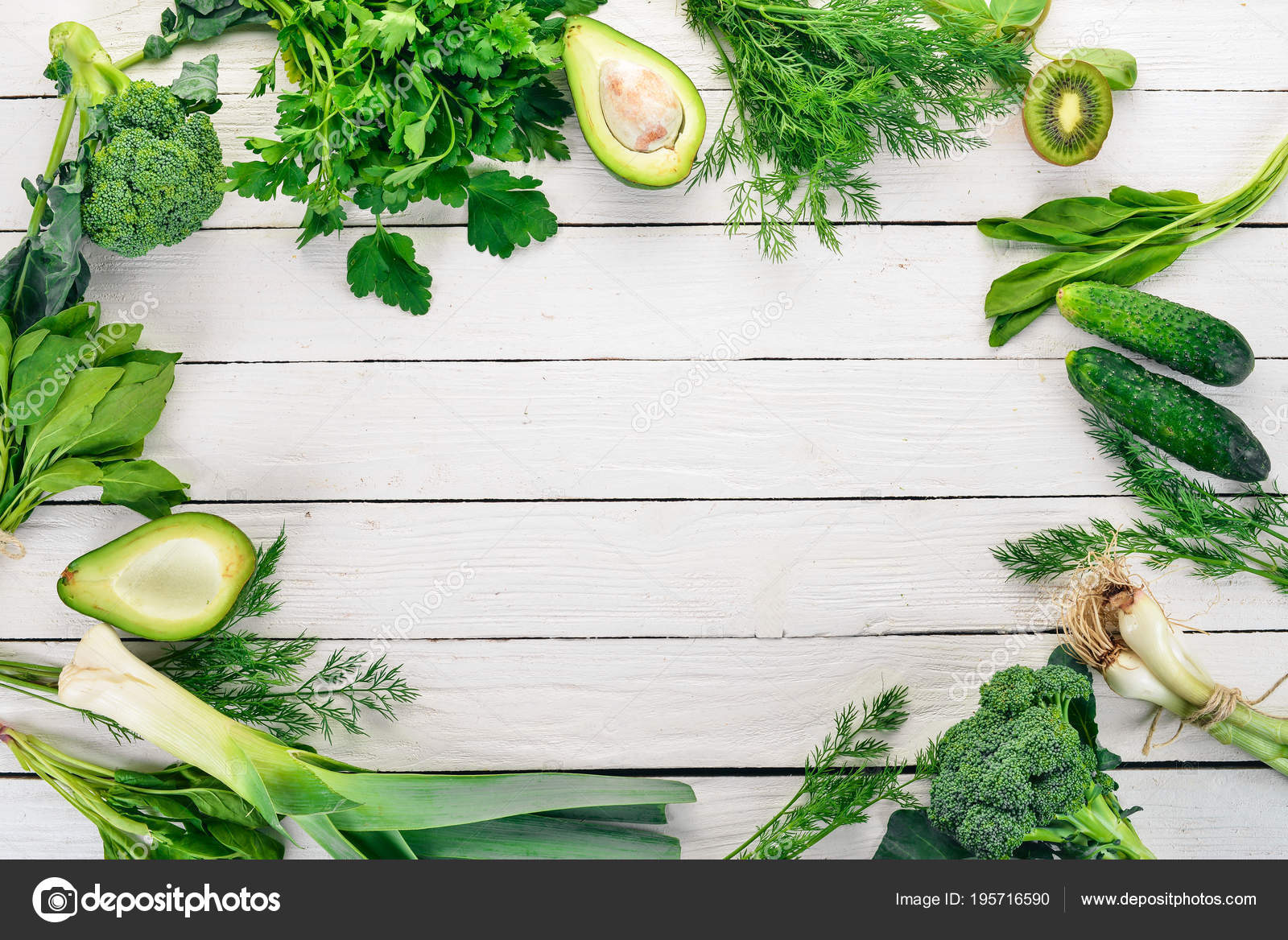 Green Vegetables Fruits White Wooden Background Healthy Food Top View Stock  Photo by ©yarunivphoto 195716590
