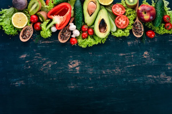 Υγιεινά Τρόφιμα Λαχανικά Και Φρούτα Φόντο Μαύρο Ξύλινο Top View — Φωτογραφία Αρχείου