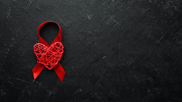 Symbol Červené Stuhy Světového Dne Aids Horní Pohled Volné Místo — Stock fotografie