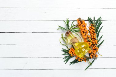 Deniz karabatağı yağı. Bir dal üzerinde taze deniz dikenli üzümleri. Üst Manzara. Metnin için boş yer.