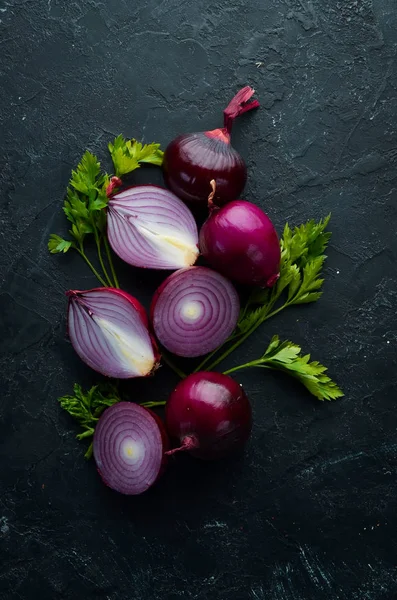 Purple Fresh Onion White Wooden Background Top View Free Copy — Stock Photo, Image