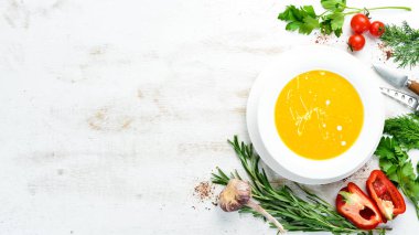 Kremalı mısır çorbası. Üst Manzara. Metnin için boş yer.