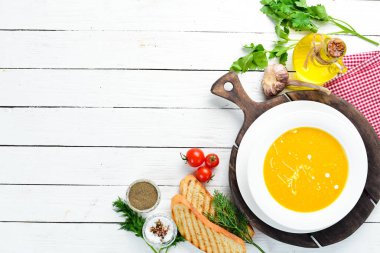 Kremalı mısır çorbası. Üst Manzara. Metnin için boş yer.