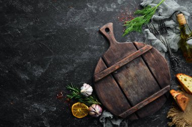 Yemek pişirme geçmişi. Taze sebzeler ve baharatlar. Üst Manzara. Boş kopyalama alanı.