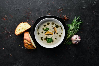 Kasede mantar çorbası püresi. Üst Manzara. Boş kopyalama alanı.