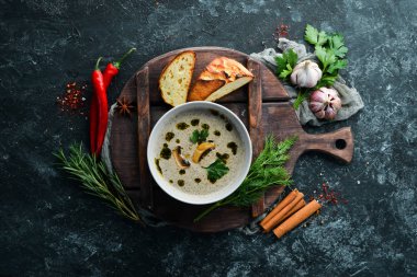 Kasede mantar çorbası püresi. Üst Manzara. Boş kopyalama alanı.