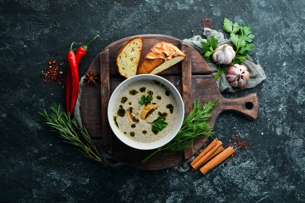 Mushroom soup puree in a bowl. Top view. Free copy space. — Stock Image Mushroom Soup Puree Bowl Top View Free Copy Space Royalty Free Stock Images
