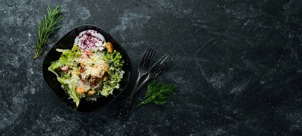 Vegetable Salad Chicken Fillet Poached Egg Caesar Salad Top View — ストック写真