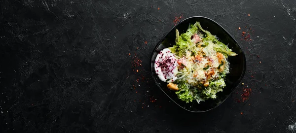 Vegetable Salad Chicken Fillet Poached Egg Caesar Salad Top View — ストック写真