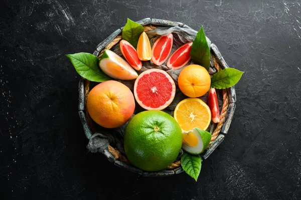 Fresh Citrus Fruits Black Stone Background Top View Free Copy — Stock Photo, Image