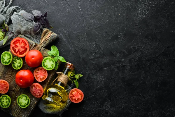 Vegetables Fresh Colored Tomatoes Black Stone Background Top View Free — Stock Photo, Image