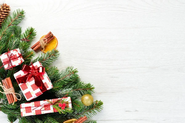 Noël Fond Blanc Bois Avec Des Cadeaux Des Décorations Vue — Photo