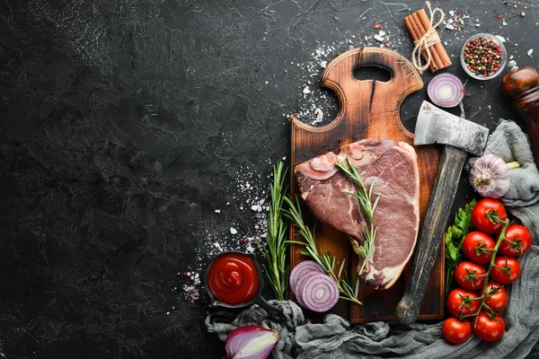 Raw Bone Steak White Wooden Table Top View Free Space — Stock Photo, Image