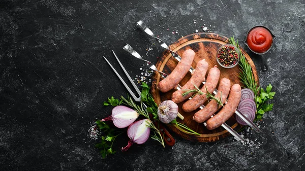 Raw Pork Sausages Rosemary Vegetables Top View Free Space Your — Stock Photo, Image