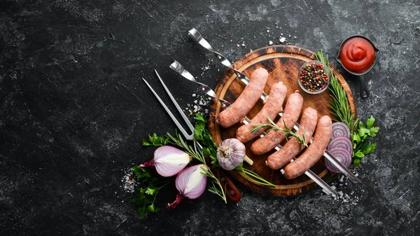 Embutidos Cerdo Crudo Con Romero Verduras Vista Superior Espacio Libre — Foto de Stock