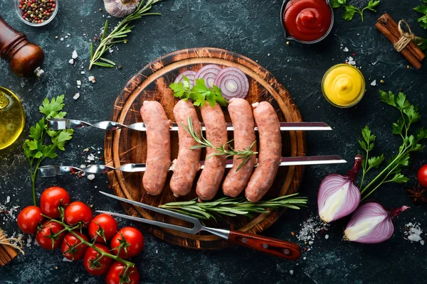 Raw Pork Sausages Rosemary Vegetables Top View Free Space Your — Stock Photo, Image