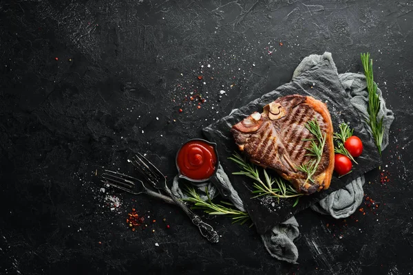 Bone Steak Grilled Rosemary Spices Top View Free Space Your — Stock Photo, Image