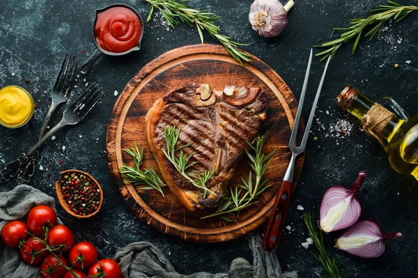 Bone Steak Grilled Rosemary Spices Top View Free Space Your — Stock Photo, Image