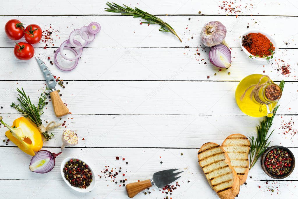 Cooking banner. Background with spices and vegetables. Top view. Free space for your text.