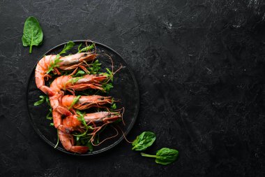 Siyah bir tabakta kaynamış karides ve roka. Deniz ürünleri tabakları. Üst Manzara. Metnin için boş yer.
