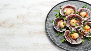 Maydanoz ve baharatla kabuklu fırında deniz tarağı. Üst Manzara. Metnin için boş yer.